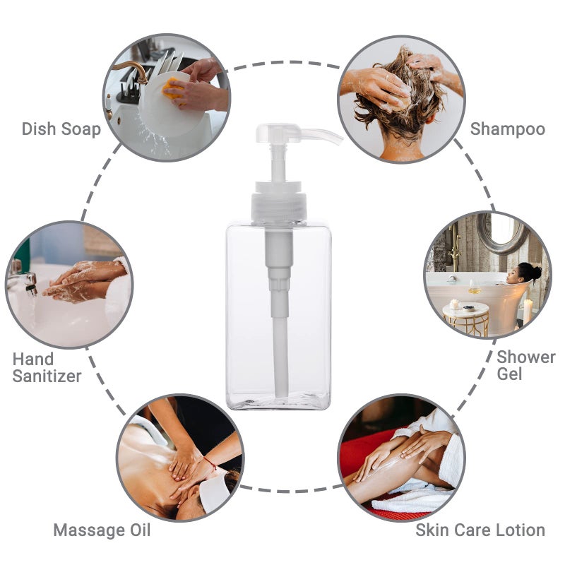 SUREAM Clear Empty Pump Bottles 6 Pack, 15oz/450ml Plastic Refillable Square Containers for Essential Oil Soap Lotion Shampoo Conditioner, Large Hand Pump Dispensers for Bathroom and Kitchen Sink Use - Image 4